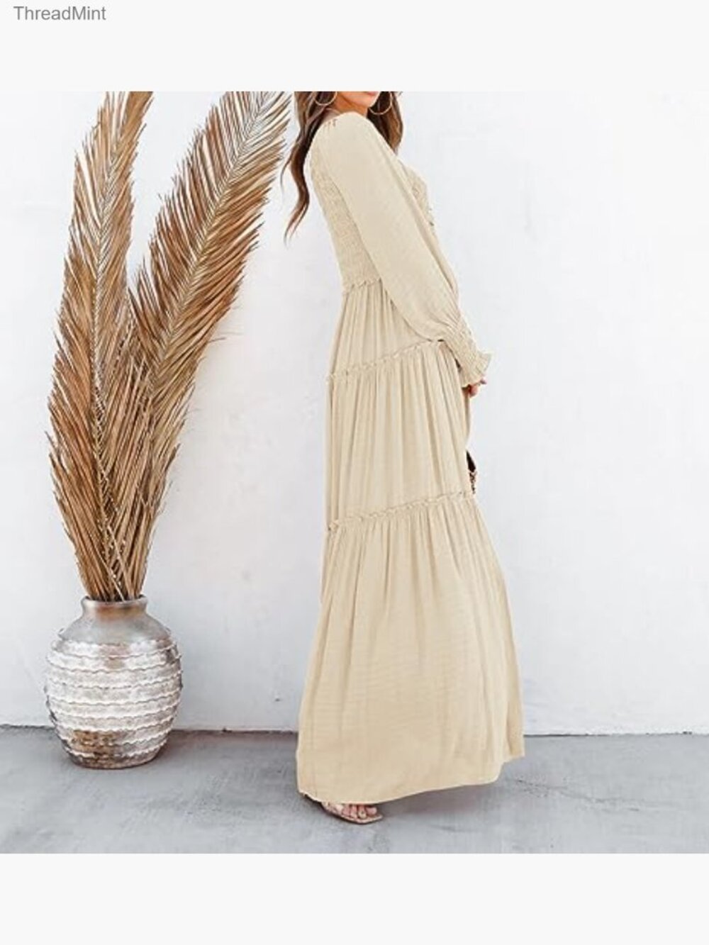 Long Sleeve V-Neck Maxi Dress Empire Waist Ruffle Hem Flowy Boho Casual - Picture 5 of 7